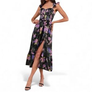 Lulus Sweet Like Sangria Black Floral Ruffled Bustier Midi Dress Small NWOT